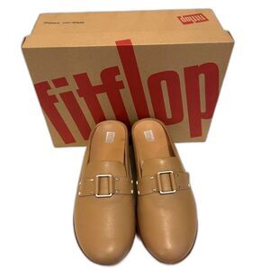 FitFlop Stud-Buckle Leather Platform Tan Mules - Size 7